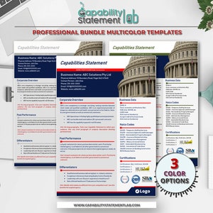 May include: A professional capabilities statement template bundle with three color options. The template features a blue, red, and white color scheme with a US Capitol building graphic. The text on the template reads "Capabilities Statement" and "Professional Bundle Multicolor Templates".