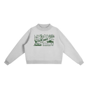 May include: A light grey crewneck sweatshirt featuring a dark green graphic print on the chest. The design includes text such as Fly, Birds, Super Bowl Champions, 215, Philly Football, and Meet Me On Broad Street, alongside illustrations of a football, a goalpost, a skyline, and an eagle.