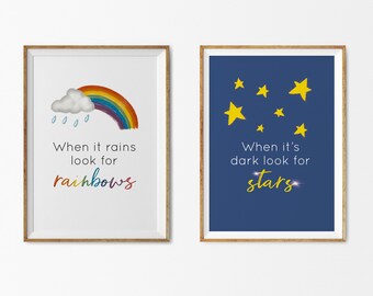 When it rains look for rainbows, when its dark look for stars | Cute A4 wall art prints | Nursery, Childrens, Inspirational quotes