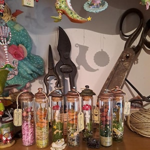 Op de afbeelding: Decoratieve glazen flessen met kurken, gevuld met miniatuurarrangementen van gedroogde bloemen, mos en kleine pompoenen. De flessen worden tentoongesteld op een houten plank, samen met vintage scharen en decoratieve ornamenten.