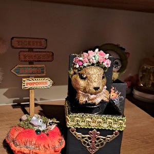 Magic squirrel spring-loaded figurine in its custom box, handmade polymer ornament