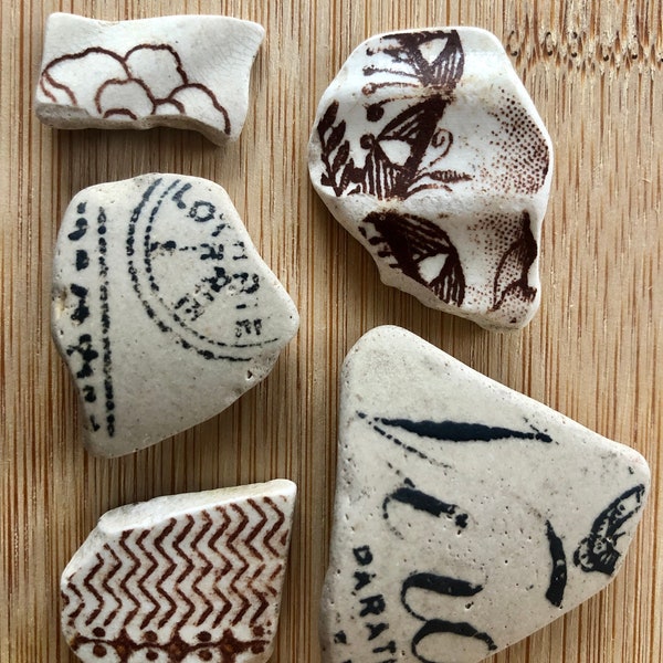 Scottish sea pottery - brown and black printed beach treasure.