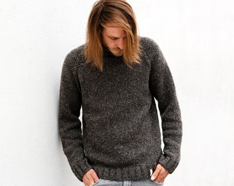 Herren Tweed Pullover Sweater Strickpullover Wollpullover Männer grau anthrazit Gr. M L uni Merinowolle, Alpaka & Viskose gestrickt Handmade