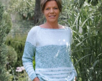 Pullover gestrickt 100% Baumwolle handgestrickt Damen Sommer Pulli Sweater meeresgrün/weiß od. Farbe nach Wahl Gr. S-L Drops Safran Handmade