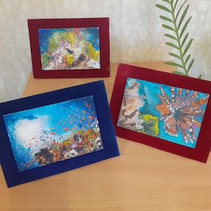 Miniatures-triptych ,,Сoral reef&quot; 3 miniatures, oil painting, bright picture, original, impressionism, Gift , wall Decor