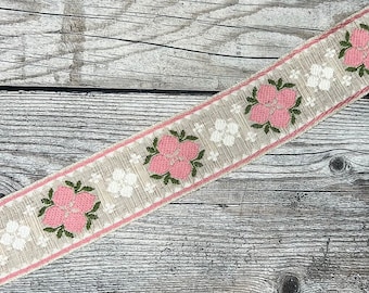 Webband Dekorband fürs Nähen Beige -Rosa mit Blumen Muster ab 2 Meter 5 cm Breite Maraki