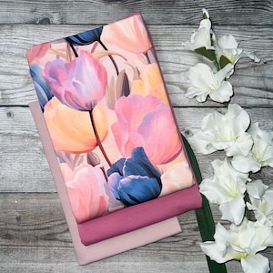 Kombi Paket French Terry Flower of Garden Tulpen Blumen Muster mit Baumwolljersey Pink mit Bündchen Altrosa Meterware ab 0,25 m Neu