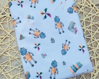 Jersey Stoff Digitaldruck Baumwollstoffe 95% Baumwolle - 5 Elasthan Roboter mit Windblume Windrad bunt Babyroboter Hellgrau