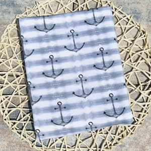 French Terry Sommersweat Anker auf Beige Grau Maritim gestreift Maraki