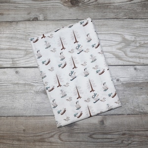 Poplin Christmas penguin skiing winter landscape snow cotton fabric Maraki