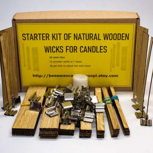 Wooden wicks - starter set. 84 wooden wicks in 7 widths, for any type of natural wax and paraffin wax