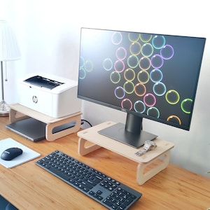Dual monitor stand for desk, Wood monitor riser.