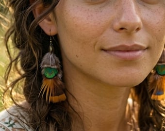 Edgy earrings pheasant earrings, Earthy real golden pheasant feather earrings, Exotic feather hippy earrings, Boho jewelry