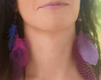 Lila feather drop earrings, Two tone violet and blue asymmetrical earrings, Rave outfit, Artsy microbead and lava stone earrings