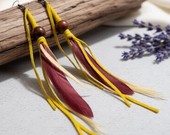Festival Burgundy Big Feather Dangle Earrings with Accent Goose Feathers & Yellow Faux Leather, Edgy 70s Everyday Long Earrings, Earthy Gift