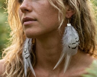 Artsy pheasant feather earrings, Edgy silver pheasant feather earrings Gift, Boho bride eclectic earrings, Rave outfit, Feminine energy