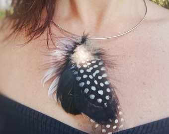 Black and White Feather Necklace, Silvery Thin Chocker, Native Feather Choker, Tribe Necklace, Youth Necklace, Interesting Elven Jewelry