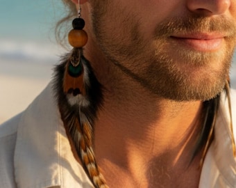 Earthy men’s feather earring, Masculine shaman & nomadic jewelry, Boho woodland earrings, Long single earring for men, Huge feather earring