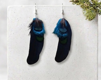 Eclectic black & exotic turquoise pheasant feather earrings, Edgy festival jewelry, 70s earthy long feather earrings, Special gift for her