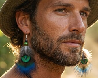 Earthy 70s mens feather earring, Exotic Blue & Gold Peacock single earring man with Lava stone and Ceramic beads. Eclectic Masculine jewelry
