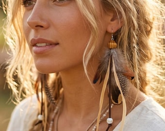Huge Feather Earrings with Wooden Bead: Polka Dot, Earthy 70s Eclectic Rave Jewelry, Burning Man style, Whimsy Bird Inspired, Teen Girl Gift