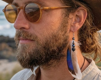 Mens Iridescent Feather Earring Long Real Duck Feather Lava Stone Ceramic Beads Earthy Edgy 70s Festival Pair or Single Earring