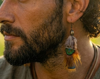 Мens real pheasant feather earring, Мasculine boho jewelry, Single earring man - golden pheasant feather, Nomadic earrings, Edgy earrings