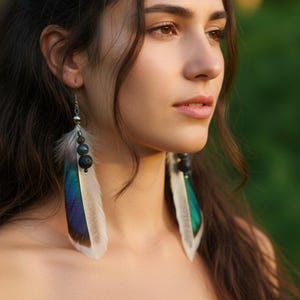 May include: A woman wearing long feather earrings. The earrings have a silver hook, black beads, and a large feather with blue, green, and white coloring. The background is a blurred green.