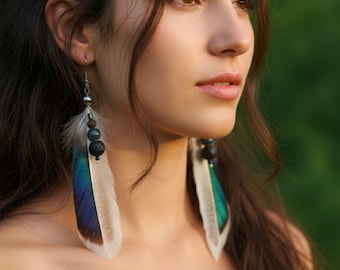 Nomadic real duck feather earrings, Hippy long feather earring, Earthy earrings with exotic feather, Coachella outfit, Boho earrings
