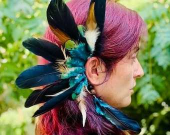 Turquoise Feather Ear Cuff Left Right, No Piercing, Burning Man Costume, Rave Outfit, Tribal Earthy Earring, Elf Ear Jewelry, Headpiece