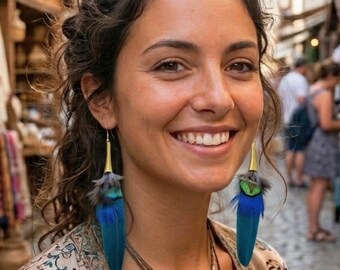 Nature Inspired Peacock Feather Earrings, Boho Statement Jewelry, Earthy Blue Green Feather Earrings, Woodland Festival Style, Alt Earrings