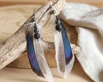 Edgy real duck feather earrings, Hippy long feather earring, Iridescent earrings, Artsy Shaman jewelry with exotic feather, Artsy gift
