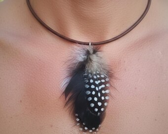 Ying yang masculine necklace, Men shaman feather and leather choker, Male courage necklace, Woodland necklace, Mens shaman feather pendant
