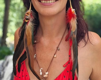 Drop down extra long earrings, Rooster & Pheasant plumage, Iridescent tribal long feather earring, Huge bird earrings, Earth tone jewelry