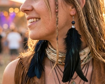 Extra long black feather and lava stone drop earrings, Rave 70s edgy huge earthy earrings, Eclectic goth jewelry, Artsy gift for her