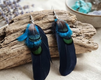 Tribal long black and turquoise pheasant feather earrings, Edgy earthy 70s eclectic jewelry, Nature inspired earrings, Artsy teen girl gift