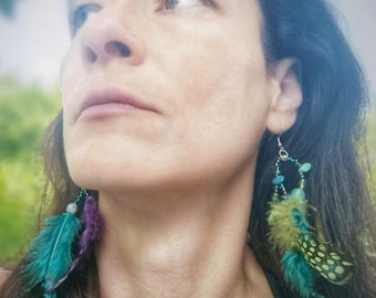 Long Feather Earrings, Exotic Natural Peacock Feathers and Beads Earrings, Mystical Jewelry,  Long Lime Green and Violet Feather Earring