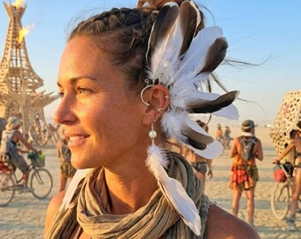 Left Ear Feather Ear Cuff Headpiece, White Boho Festival Hair Accessory, Native/Southwestern Inspired Feather Headdress, Burning Man Costume