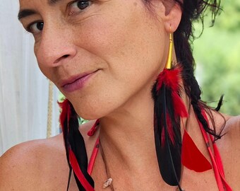 Boho Chic Extra Long Black and Red Feather Drop Earrings, Rave 70s Edgy Huge Earthy Earrings, Eclectic Goth Jewelry, Artsy Gift for Her