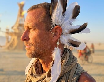 Left Ear Feather Ear Cuff Headpiece, White Boho Festival Hair Accessory, Native/Southwestern Inspired Feather Headdress, Burning Man Costume