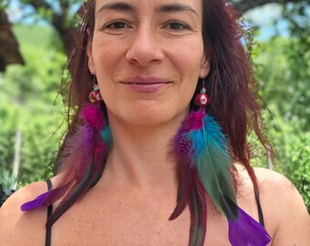 Extra Long Feather Earrings – Nature Inspired Earthy Boho Statement Festival Jewelry | Boho Alt Gift for Her | Rooster & Pheasant Feathers