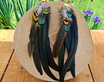 Drop down extra long earrings, Rooster/pheasant/gold peacock feathers, Earthy Indian long feather earring, Huge earrings, Earth tone jewelry