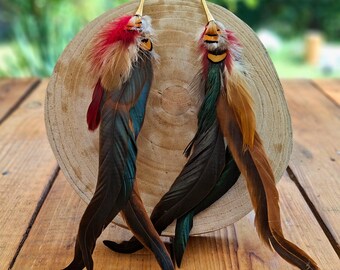 Drop down extra long earrings, Rooster & Pheasant plumage, Iridescent tribal long feather earring, Huge bird earrings, Earth tone jewelry