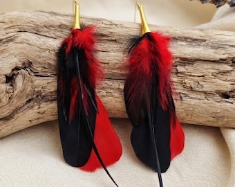 Boho Chic Extra Long Black and Red Feather Drop Earrings, Rave 70s Edgy Huge Earthy Earrings, Eclectic Goth Jewelry, Artsy Gift for Her