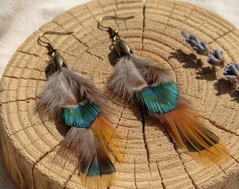 Earthy real golden pheasant feather earrings, Interesting nomadic  orange earrings, Boho jewelry, Edgy earrings pheasant earrings