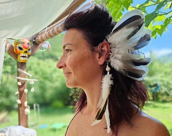 Left Ear Feather Ear Cuff Headpiece, White Boho Festival Hair Accessory, Native/Southwestern Inspired Feather Headdress, Burning Man Costume