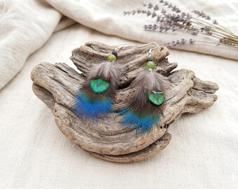 Summer Festival Feather Earrings - Exotic Golden & Blue Peacock, Nature-inspired 70s Earrings, Eclectic Artsy Alternative Jewelry Gift