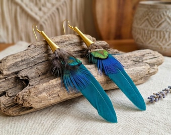 Nature Inspired Peacock Feather Earrings, Boho Statement Jewelry, Earthy Blue Green Feather Earrings, Woodland Festival Style, Alt Earrings