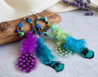Long Feather Earrings, Exotic Natural Peacock Feathers and Beads Earrings, Mystical Jewelry,  Long Lime Green and Violet Feather Earring
