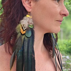 Drop down extra long earrings, Rooster/pheasant/gold peacock feathers, Earthy Indian long feather earring, Huge earrings, Earth tone jewelry